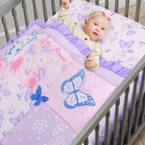 Cloele 3 Pieces Crib Bedding Set for Girls,Purple Butterfly Baby Crib Set | Floral Butterfly Baby Bedding Set,Includes Comforter Fitted Sheet Crib Skirt, Standard Size Nursery in Saudi Arabia