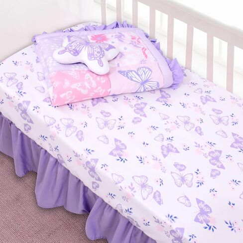 Cloele 3 Pieces Crib Bedding Set for Girls,Purple Butterfly Baby Crib Set | Floral Butterfly Baby Bedding Set,Includes Comforter Fitted Sheet Crib Skirt, Standard Size Nursery in Saudi Arabia