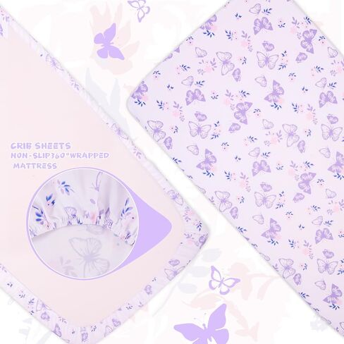 Cloele 3 Pieces Crib Bedding Set for Girls,Purple Butterfly Baby Crib Set | Floral Butterfly Baby Bedding Set,Includes Comforter Fitted Sheet Crib Skirt, Standard Size Nursery in Saudi Arabia