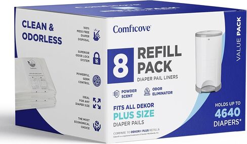 عبوات COMFICOVE المتوافقة مع دلاء الحفاضات DEKOR PLUS | 4 عبوات | بطانات إعادة تعبئة سطل الحفاضات السميكة للغاية | رائحة مسحوق طازجة | من السهل استبدال حقيبة الحفاضات والتخلص منها | التخلص من حفاضات الأطفال عديمة الرائحة in Kuwait