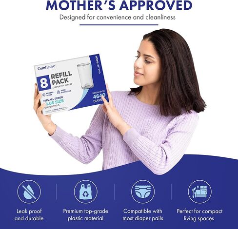 عبوات COMFICOVE المتوافقة مع دلاء الحفاضات DEKOR PLUS | 4 عبوات | بطانات إعادة تعبئة سطل الحفاضات السميكة للغاية | رائحة مسحوق طازجة | من السهل استبدال حقيبة الحفاضات والتخلص منها | التخلص من حفاضات الأطفال عديمة الرائحة in Kuwait
