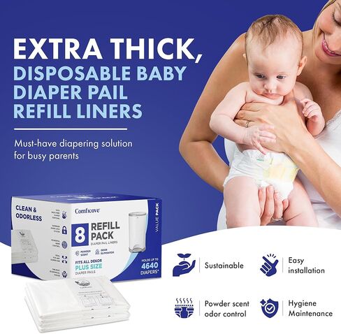عبوات COMFICOVE المتوافقة مع دلاء الحفاضات DEKOR PLUS | 4 عبوات | بطانات إعادة تعبئة سطل الحفاضات السميكة للغاية | رائحة مسحوق طازجة | من السهل استبدال حقيبة الحفاضات والتخلص منها | التخلص من حفاضات الأطفال عديمة الرائحة in Kuwait