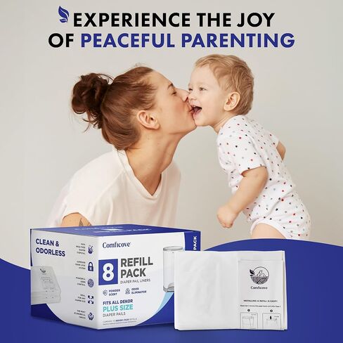 عبوات COMFICOVE المتوافقة مع دلاء الحفاضات DEKOR PLUS | 4 عبوات | بطانات إعادة تعبئة سطل الحفاضات السميكة للغاية | رائحة مسحوق طازجة | من السهل استبدال حقيبة الحفاضات والتخلص منها | التخلص من حفاضات الأطفال عديمة الرائحة in Kuwait