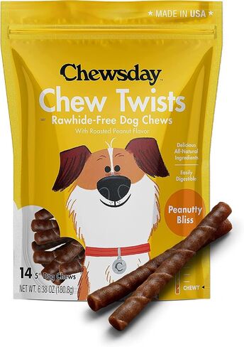Chewsday 5-Inch Chewy Dog Chew Twists, Made in The USA, All Natural Rawhide-Free Highly-Digestible Treats, Peanutty Bliss - 14 Count in Saudi Arabia