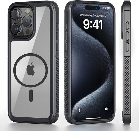for iPhone 15 Pro Max Case Compatible with Magsafe, Rugged [Military-Grade Drop Protection] Shockproof Protective Cover, Slim Clear Black Cell Phone Case for iPhone 15 Promax, 6.7inch in Saudi Arabia