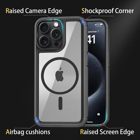 for iPhone 15 Pro Max Case Compatible with Magsafe, Rugged [Military-Grade Drop Protection] Shockproof Protective Cover, Slim Clear Black Cell Phone Case for iPhone 15 Promax, 6.7inch in Saudi Arabia