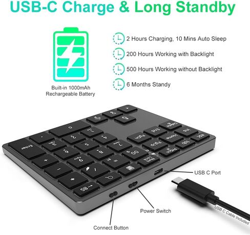 Tri-Mode Aluminum Numpad 7-Color Backlit Bluetooth 5.0/Wired USB-C/2.4G Wireless Number Pad Slim 35-Key Rechargeable Numeric Keypad External Keyboard Num Pad for Laptop, Mac - Silver White in Saudi Arabia