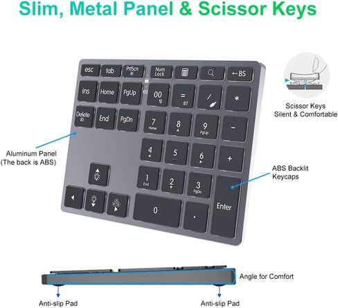 Tri-Mode Aluminum Numpad 7-Color Backlit Bluetooth 5.0/Wired USB-C/2.4G Wireless Number Pad Slim 35-Key Rechargeable Numeric Keypad External Keyboard Num Pad for Laptop, Mac - Silver White in Saudi Arabia