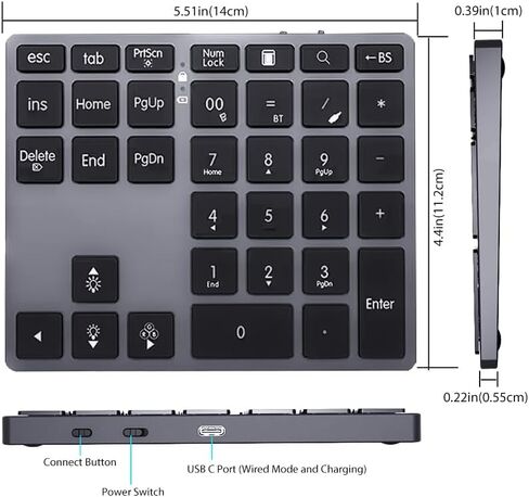 Tri-Mode Aluminum Numpad 7-Color Backlit Bluetooth 5.0/Wired USB-C/2.4G Wireless Number Pad Slim 35-Key Rechargeable Numeric Keypad External Keyboard Num Pad for Laptop, Mac - Silver White in Saudi Arabia