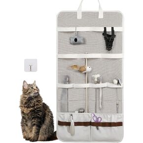 Cat Wand Toy Storage Bag with Carboard, Fabric Cat Feather Toy Hanging Holder, Cat Toys Wand Storage Organizer, Gray