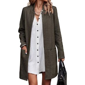 Angashion Women’s Coat, Long Sleeve Stand Collar Cardigan Mid-Long Open Front Outwear Overcoat with Zipper Pockets