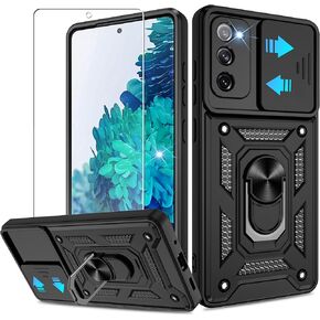 for Samsung Galaxy S20 FE 5G Case,Samsung S20 FE Case with HD Screen Protector with Slide Camera Cover, 360° Rotation Ring Kickstand [Military Grade] Case for Galaxy S20 FE 5G, Black