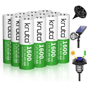 Kruta Rechargeable AA Batteries,12-Pack1.2V Ni-MH 1600mAh High Capacity Double A Solar AA Batteries for Outdoor Solar Lights & Home Devices Like Toy, Remotes,Pre-Charged, Recharge up to 1200 Times