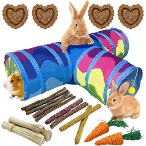 BNOSDM Bunny Tunnels, Collapsible 3 Way Rabbits Tunnel and Tubes with Chew Toys, Small Animals Hideout for Indoor Rabbit Bunny Guinea Pigs Ferret Kitten