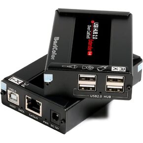 Basicolor USB Extender 262ft(80m) Kit with 4 USB 2.0 Hub, USB Over Ethernet Cat5e/6/7 Extension, USB RJ45 Extender Support All Operating System, Plug&Play, Two Web Cameras Work Synchronously.