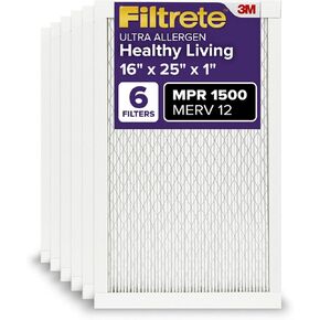 Filtrete 16x25x1 AC Furnace Air Filter, MERV 12, MPR 1500, CERTIFIED asthma & allergy friendly, 3 Month Pleated 1-Inch Electrostatic Air Cleaning Filter, 6-Pack (Actual Size 15.69x24.69x0.78 in)