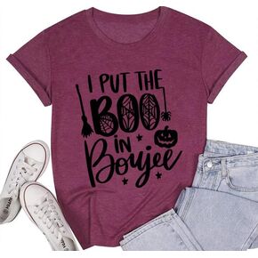 I Put The Boo in Boujee Women Funny Letter Print Halloween Shirts Classic Round Neck Casual Loose Fit Short Sleeve Tops