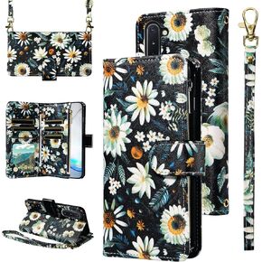 Wallet Case for Samsung Galaxy Note 10 5G with Detachable Wrist Strap Crossbody Shoulder Strap Flower Leather Zipper Purse Credit Holder Phone Cover Note10 Notes 10s Ten Not S10 Girls Black