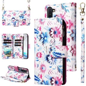 Wallet Case for Samsung Galaxy Note 10 5G with Detachable Wrist Strap Crossbody Shoulder Strap Flower Leather Zipper Purse Credit Holder Phone Cover Note10 Notes 10s Ten Not S10 Girls Black