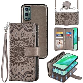 Phone Case for OnePlus 9 Pro One Plus 9Pro 5G Zipper Wallet Magnetic Detachable Cell Cover with Screen Protector Crossbody Lanyard Strap Flip Card Holder Slot On 1Plus 1 + Plus9 1+ Pro Nine Purple