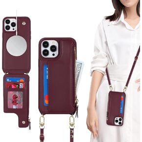for iPhone 13 Pro Max Case with Zipper Card Holders and Strap for Women, iPhone 13 Pro Max Phone Case Wallet Compatible PU Leather Button Flip Shockproof Wallet Case for Men-Purple