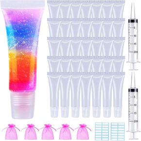 AMORIX 50PCS 20ml Lip Gloss Tubes Clear Empty Lip Balm Containers Refillable Soft Cosmetic Squeeze Tubes for DIY Lipgloss Base, Glitter, Flavoring Oil with 2 x Syringes + Tag Labels Stickers