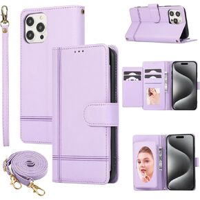 Compatible with iPhone 15 Pro 6.1 inch Wallet Case Wrist Strap, Crossbody Strap, Mirror Flip Card Holder Stand Cell Phone Cover for iPhone15Pro 5G i i-Phone i15 iPhone15 15Pro Women Rose Gold