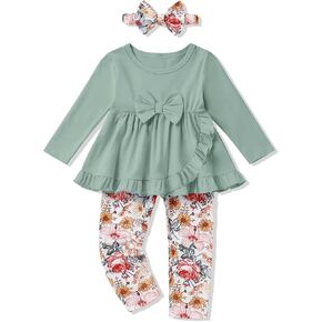 oklady Toddler Girl Clothes Unique Bow and Ruffled Design Tops Floral Pants with Headband,Toddler Girl Outfits Size 18M-5T
