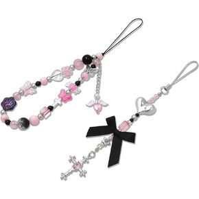 2 Pack Phone Charms, Cute Aesthetic Beaded Phone Charm Strap Phone Lanyard String Phone Chain Accessories for Phone Bag Keychain Airpods Camera Pendants
