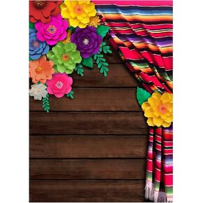 Peryiter 8 x 5FT Fiesta Theme Photography Backdrop Cinco De Mayo Party Decorations Flowers Wood Grain Mexican Theme Backdrop Fiesta Photo Props for Background Decoration Baby Shower Party Supplies