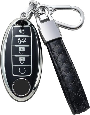 Compatible with Nissan Key Fob Cover with Leather Lanyard, Car Key Case Shell Protection for Nissan Altima Rogue Sentra Pathfinder Remote Smart Key,Black in Kuwait