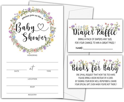 مجموعة دعوات استحمام الطفل، ألعاب سحب الحفاضات، كتب للطفل، زهور برية أرجوانية تكشف عن جنس الطفل، بطاقات دعوة، كل تصميم 25 بطاقة و25 ظرفًا (إجمالي 100 مجموعة) - BABYSET-008 in Kuwait