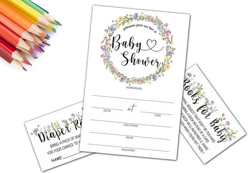 مجموعة دعوات استحمام الطفل، ألعاب سحب الحفاضات، كتب للطفل، زهور برية أرجوانية تكشف عن جنس الطفل، بطاقات دعوة، كل تصميم 25 بطاقة و25 ظرفًا (إجمالي 100 مجموعة) - BABYSET-008 in Kuwait