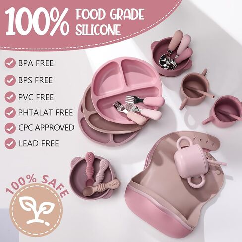 Yinder 24 Pack Silicone Baby Feeding Set Baby Led Weaning Essentials Suction Divided Plate Bowl Spoon Fork Adjustable Bib Snack Cup Straw for 6+ Months(Walnut Color, Beige, Smoky Gray) in Saudi Arabia