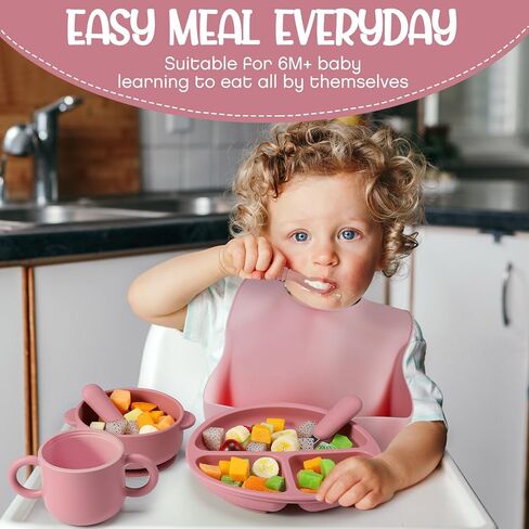 Yinder 24 Pack Silicone Baby Feeding Set Baby Led Weaning Essentials Suction Divided Plate Bowl Spoon Fork Adjustable Bib Snack Cup Straw for 6+ Months(Walnut Color, Beige, Smoky Gray) in Saudi Arabia