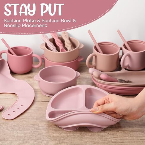Yinder 24 Pack Silicone Baby Feeding Set Baby Led Weaning Essentials Suction Divided Plate Bowl Spoon Fork Adjustable Bib Snack Cup Straw for 6+ Months(Walnut Color, Beige, Smoky Gray) in Saudi Arabia