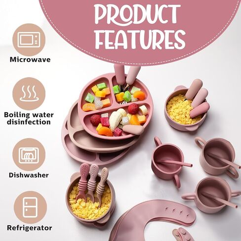 Yinder 24 Pack Silicone Baby Feeding Set Baby Led Weaning Essentials Suction Divided Plate Bowl Spoon Fork Adjustable Bib Snack Cup Straw for 6+ Months(Walnut Color, Beige, Smoky Gray) in Saudi Arabia