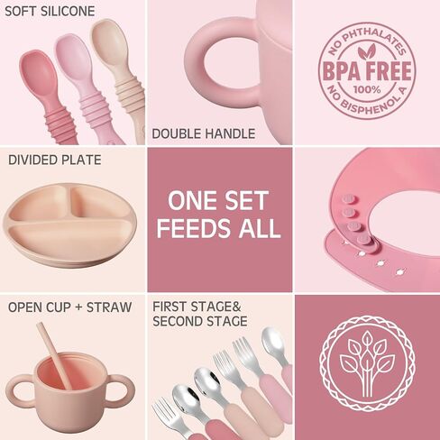 Yinder 24 Pack Silicone Baby Feeding Set Baby Led Weaning Essentials Suction Divided Plate Bowl Spoon Fork Adjustable Bib Snack Cup Straw for 6+ Months(Walnut Color, Beige, Smoky Gray) in Saudi Arabia