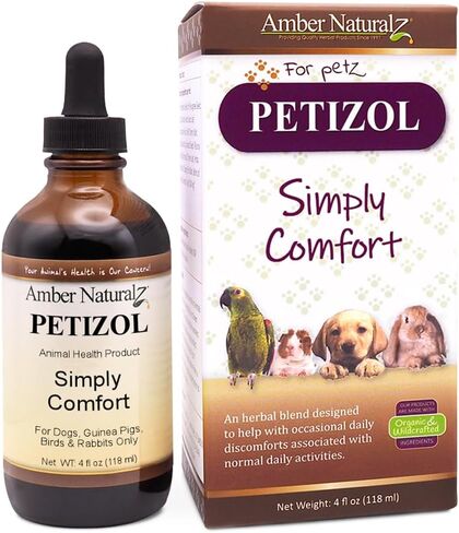 Amber NaturalZ Petizol Simply Comfort Herbal Supplement for Dogs, Bird, Rabbit | Support for Occasional Discomforts and Normal Body Temperature | 1 Fluid Ounce Glass Bottle | Manufactured in The USA in Kuwait