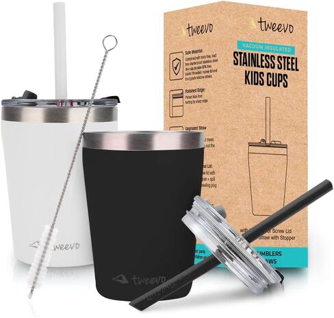 Kids Tumblers with Screw Lids - Tumbler, Stainless Steel Cups With Straws and & Straw Brush Adorable for 2 Pack (Cream & Brown, 12oz) in Kuwait