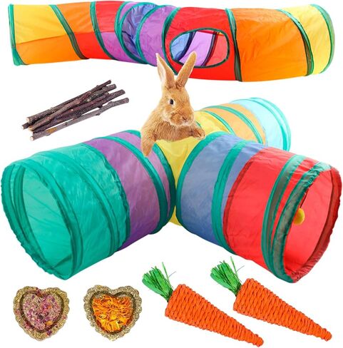 BNOSDM Bunny Tunnels, Collapsible 3 Way Rabbits Tunnel and Tubes with Chew Toys, Small Animals Hideout for Indoor Rabbit Bunny Guinea Pigs Ferret Kitten in Saudi Arabia