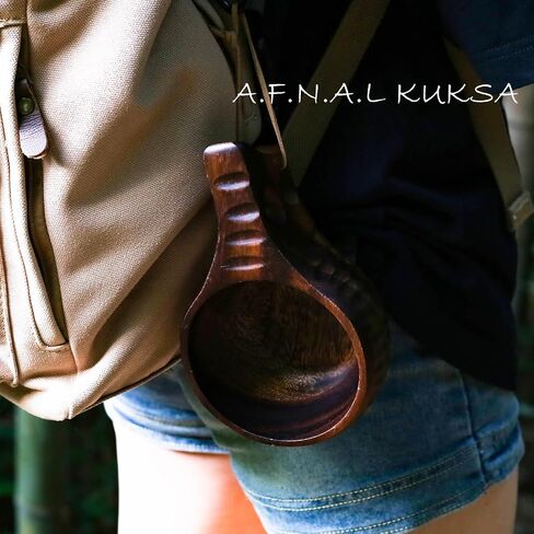 Kuksa Camping Mug Wooden Bushcraft Handcarved Cup, Nordic Style Coffee & Hiking Kuksa, Walnut, Straight Handle Style, 6.8 oz., 2.3" x 6.3" in Saudi Arabia