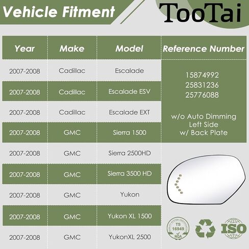 زجاج مرآة بديل لجانب الركاب متوافق مع سيارات كاديلاك وجي إم سي - 2007-2008 إسكاليد، ESV، EXT | سييرا 1500/2500HD، يوكون/يوكون XL 1500، إشارة الانعطاف، RH، 15886196 in Kuwait