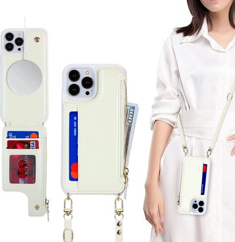 حافظة لهاتف iPhone 13 Pro Max مع حامل بطاقات بسحاب وحزام للنساء، حافظة هاتف iPhone 13 Pro Max متوافقة مع جلد البولي يوريثان وزر فليب مقاوم للصدمات للرجال - أرجواني in Kuwait