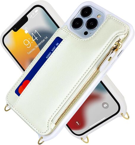 حافظة لهاتف iPhone 13 Pro Max مع حامل بطاقات بسحاب وحزام للنساء، حافظة هاتف iPhone 13 Pro Max متوافقة مع جلد البولي يوريثان وزر فليب مقاوم للصدمات للرجال - أرجواني in Kuwait