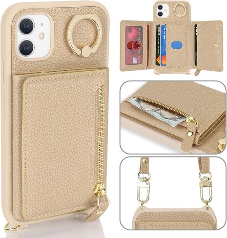 for iPhone 11 Pro Case with Card Holder,Phone Case for iPhone 11 Pro Case with Strap Crossbody Lanyard Stand Ring,iPhone 11 Pro Wallet Case for Women,Leather Zipper Pocket Case-Black in Kuwait