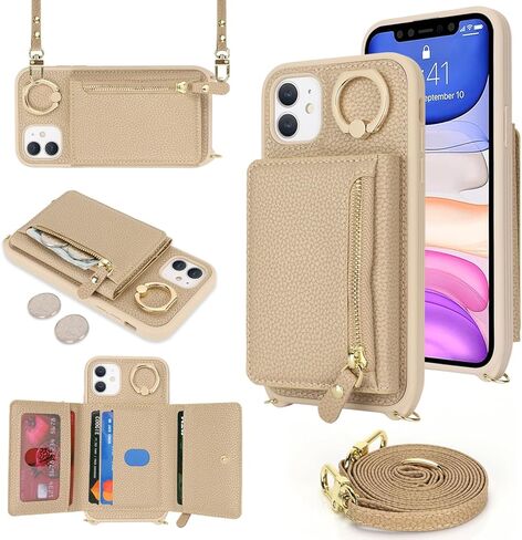for iPhone 11 Pro Case with Card Holder,Phone Case for iPhone 11 Pro Case with Strap Crossbody Lanyard Stand Ring,iPhone 11 Pro Wallet Case for Women,Leather Zipper Pocket Case-Black in Kuwait