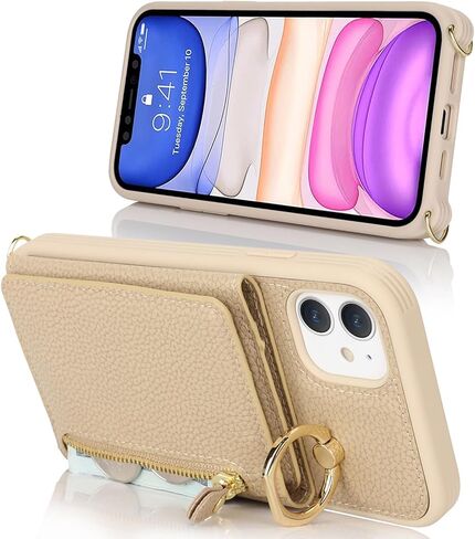 for iPhone 11 Pro Case with Card Holder,Phone Case for iPhone 11 Pro Case with Strap Crossbody Lanyard Stand Ring,iPhone 11 Pro Wallet Case for Women,Leather Zipper Pocket Case-Black in Kuwait
