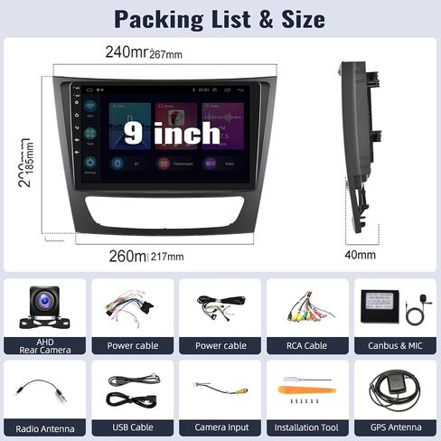 SIXWIN 1G+32G Android Car Stereo for Mercedes Benz E Class W211 E200 CLS W219 2002-2009 with Wireless CarPlay Android Auto 9 Inch Touchscreen Bluetooth GPS Navigation WiFi HiFi FM Backup Camera MIC in Saudi Arabia