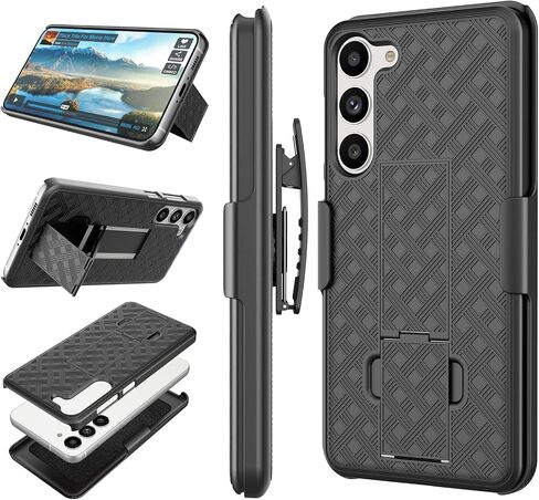 Galaxy S23 Case with Kickstand & Belt Clip Holster, Heavy Duty Shockproof Armor Protective Rugged Woven Pattern Hard Plastic Phone Cover for Samsung Galaxy S23 6.1" 2023, Black in Saudi Arabia
